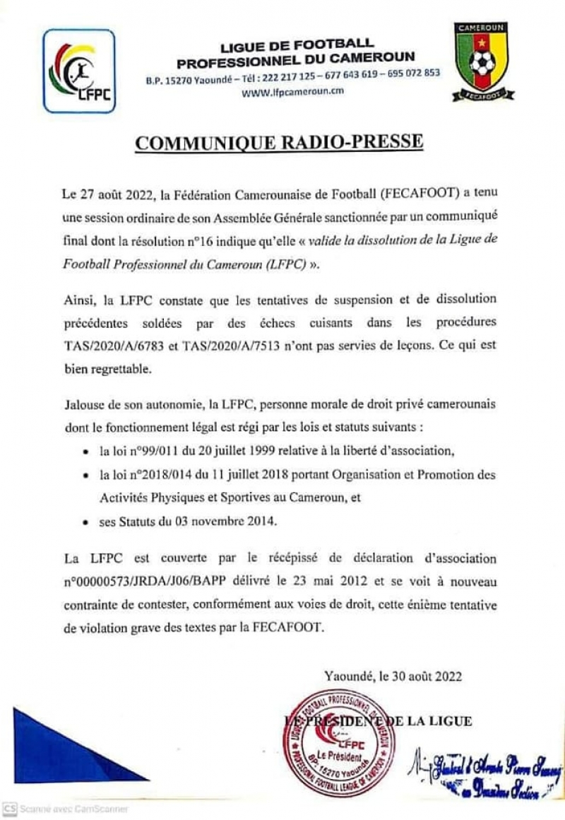 La Ligue de Football Professionnel du Cameroun (LFPC) conteste sa dissolution par l’AG de la FECAFOOT